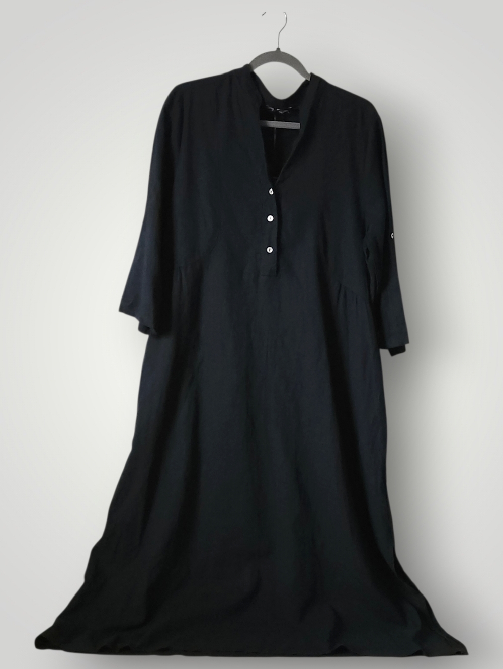 Francesca Bettini Made in Italy Linen Maxi Dress Large Navy Band Collar Button - Picture 2 of 11